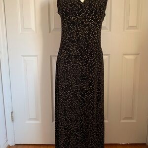 Coldwater Creek Maxi Dress Black Beige Floral Sleeveless Keyhole Size 8